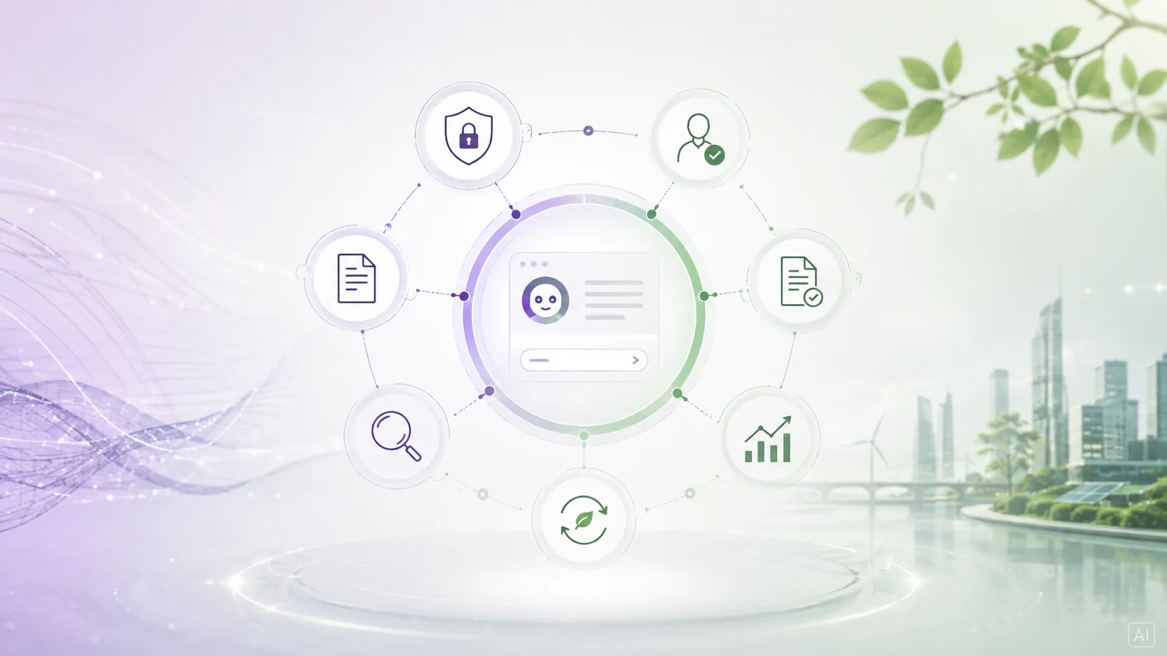 Un'interfaccia conversazionale al centro di icone che rappresentano protezione dei dati, verifica umana, documentazione, controllo e miglioramento continuo.