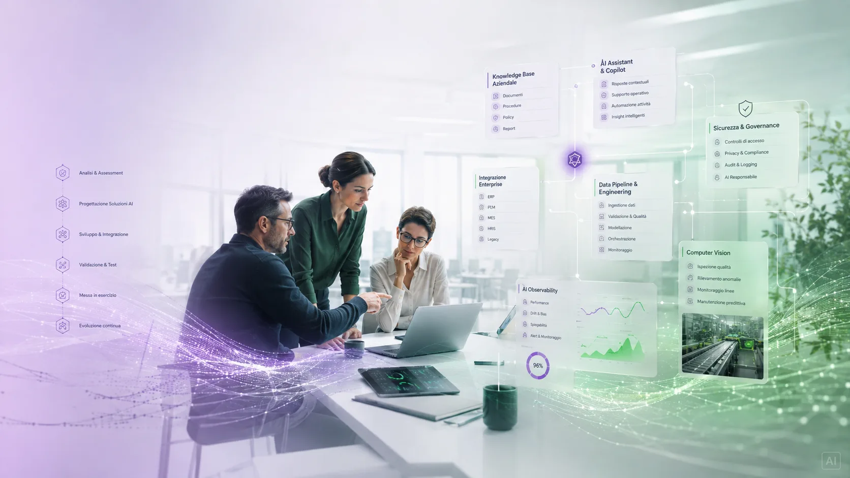 Schema dei servizi di AI Engineering: knowledge base aziendale, assistenti AI, integrazione con ERP, PLM, MES, HRIS e sistemi legacy, data pipeline, sicurezza e governance, osservabilità e computer vision.