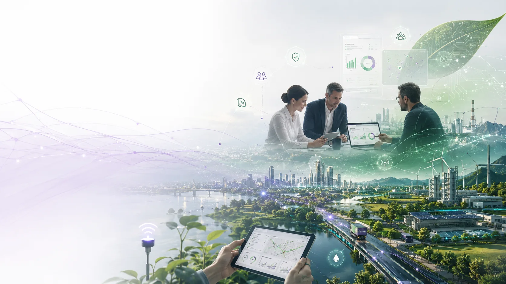 Persone al lavoro su cruscotti di sostenibilità sopra un paesaggio con pale eoliche, pannelli solari, un fiume e un impianto industriale: dati, sensori e indicatori a supporto degli obiettivi ESG.